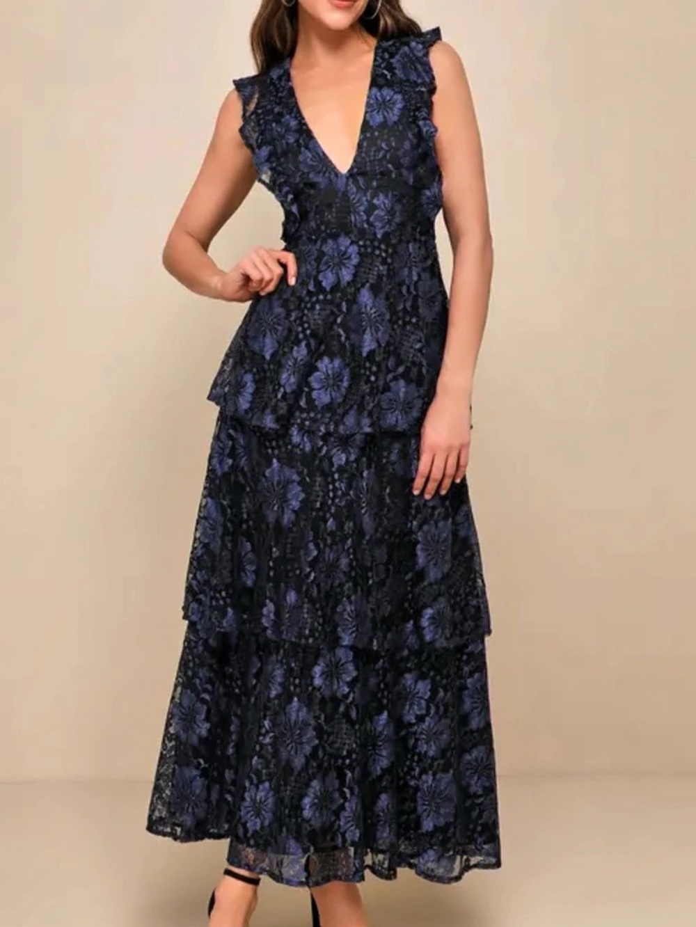 Lulus Molinetto Maxi Dress Navy Blue Lace Ruffled Tiered Sleeveless XS